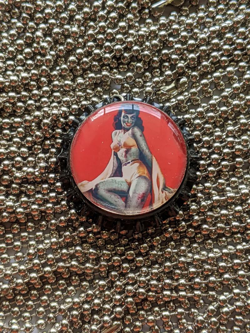 Zombie Pin-up girl  black bottle cap necklace with adjustable ball chain 24
